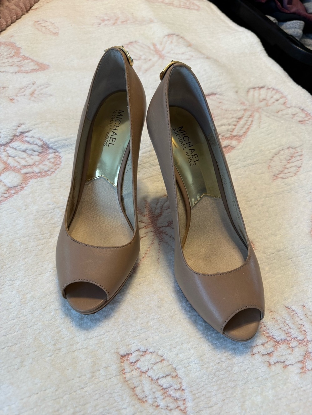 MICHAEL Michael Kors Taupe Peep-Toe Leather Heels